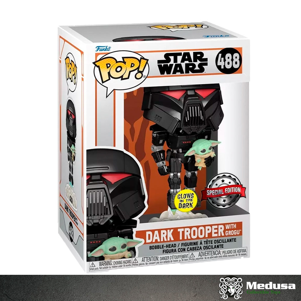 Funko Pop! Star Wars: Dark Trooper with Grogu #488 (SE) (Glow) (Dañado)